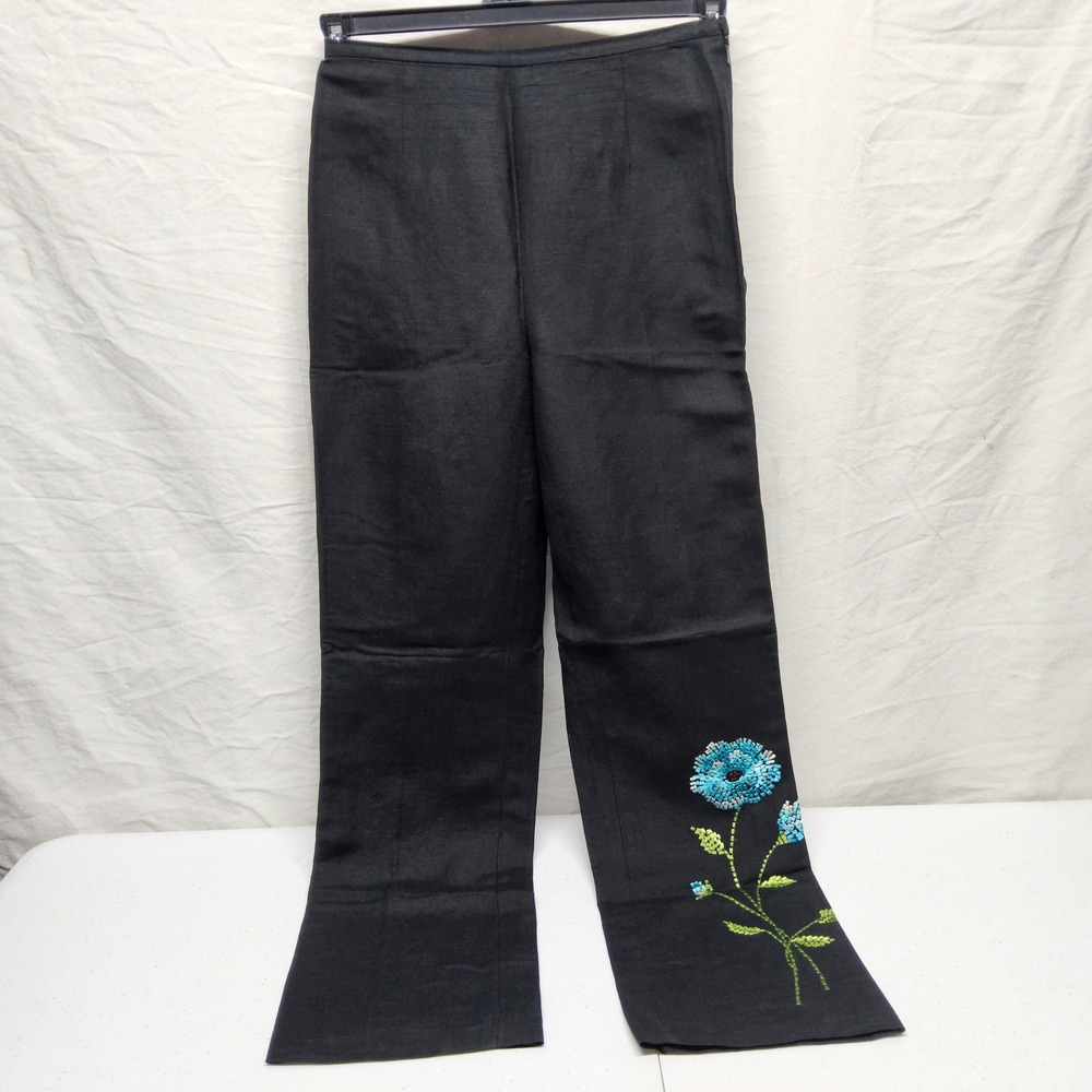 Harold's Dress Pants Womens 6 Black Linen Blend Beaded Floral Straight Leg